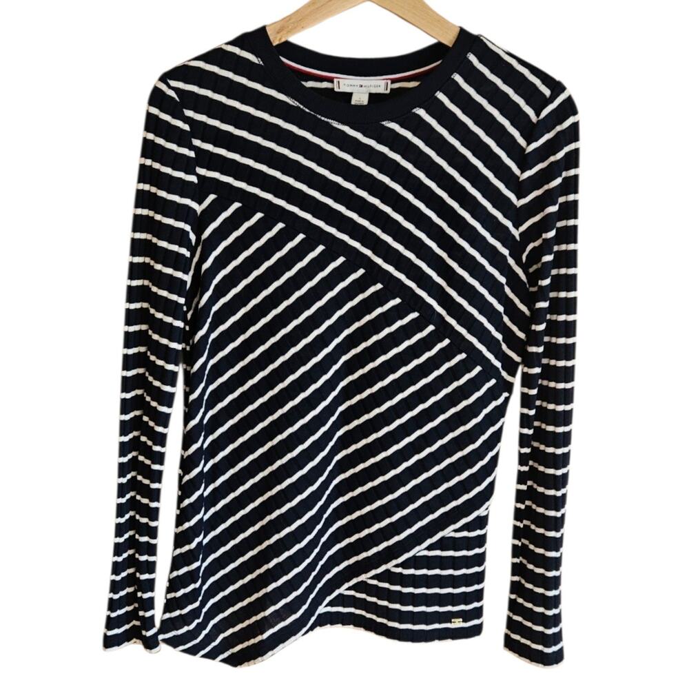 Tommy Hilfiger Top Womens Small Navy White Stripe Long Sleeve Crew Neck